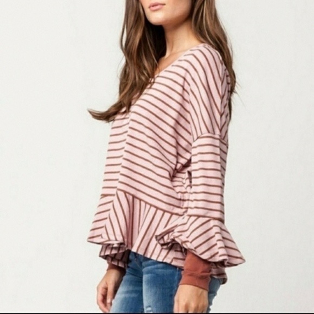 Striped Ruffle Sleeve Top - Pink